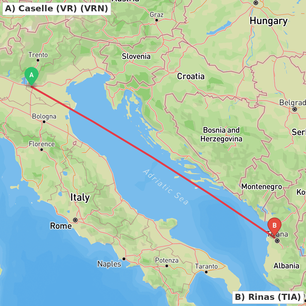 Flight route map from Caselle (VR) to Rinas