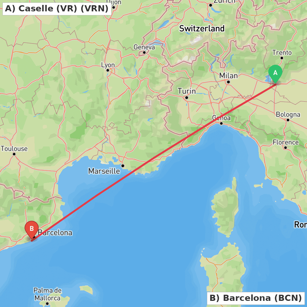 Flight route map from Caselle (VR) to Barcelona