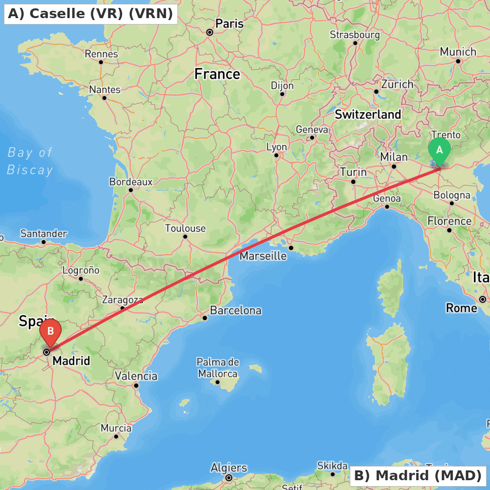 Flight route map from Caselle (VR) to Madrid