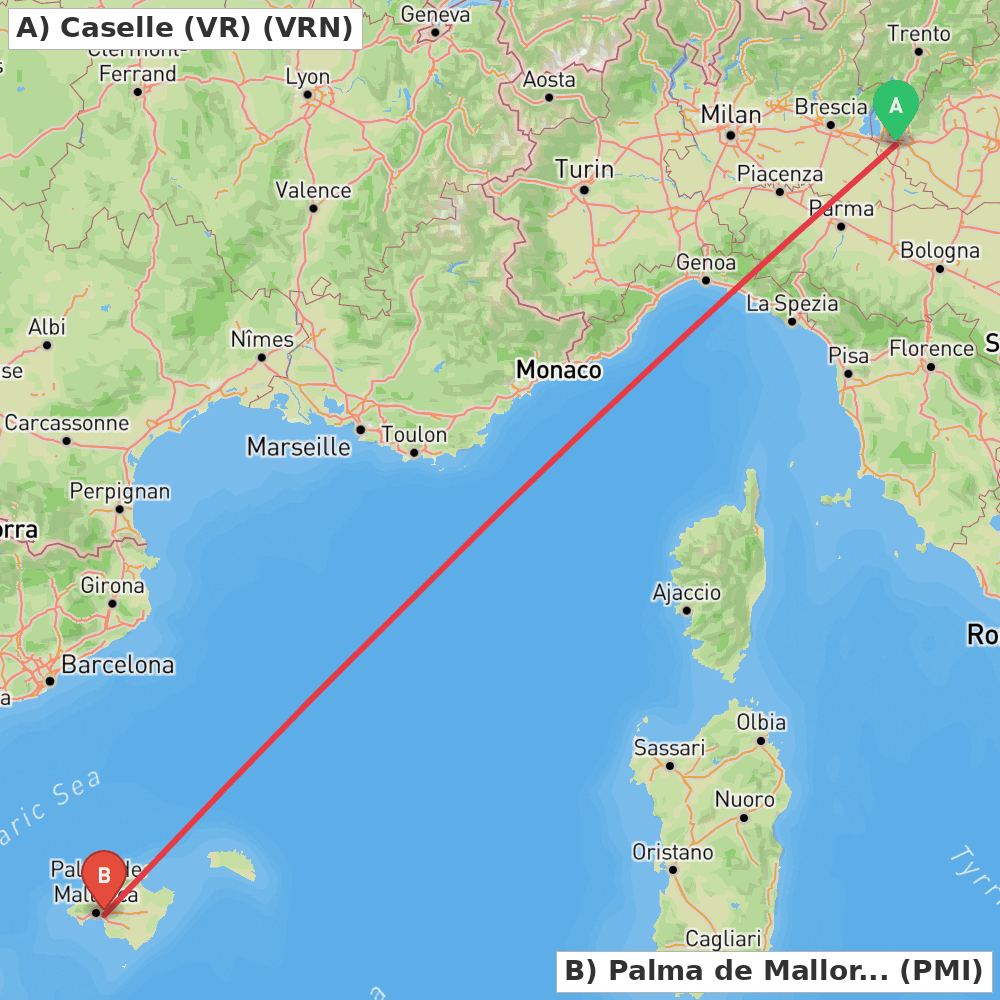 Flight route map from Caselle (VR) to Palma de Mallorca