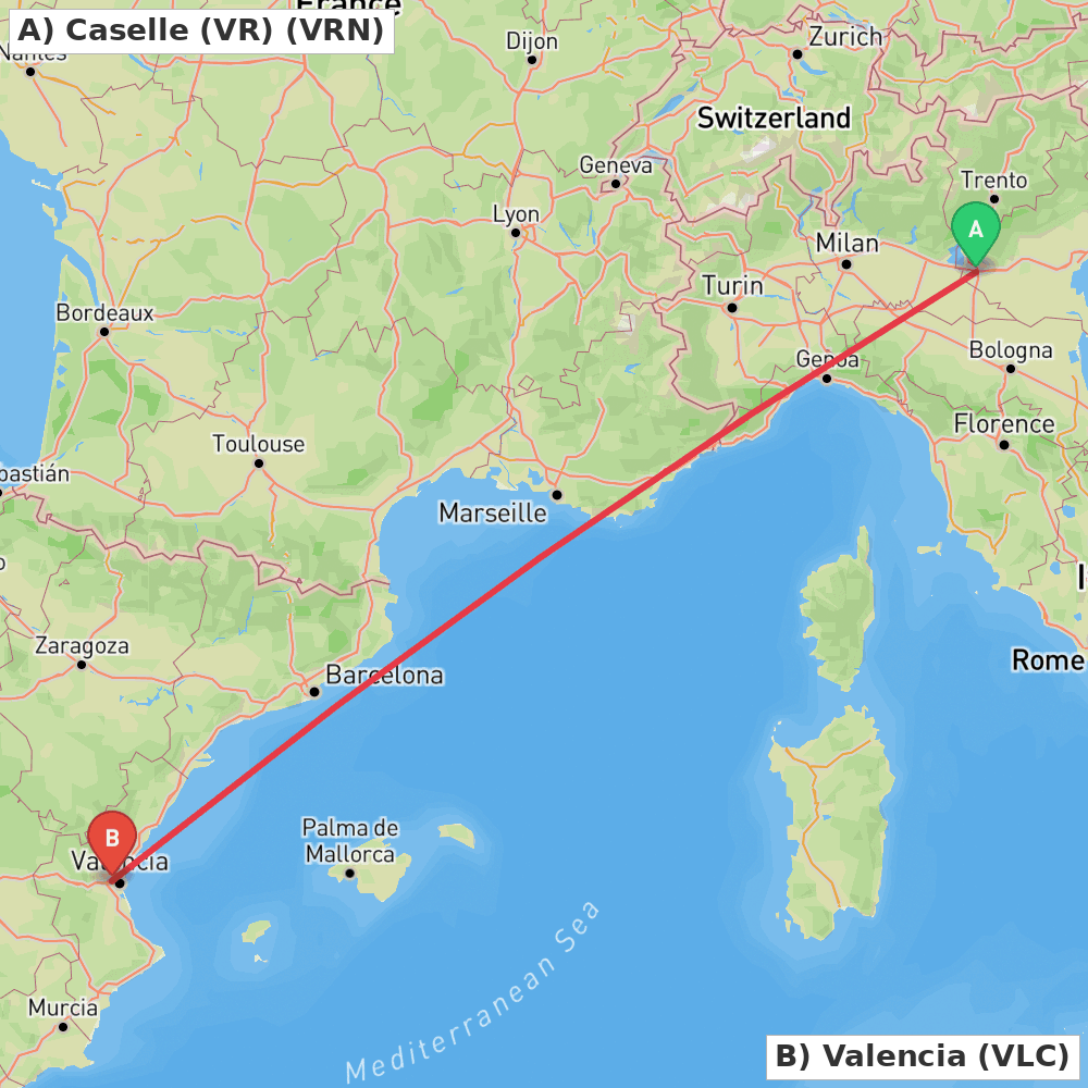 Flight route map from Caselle (VR) to Valencia