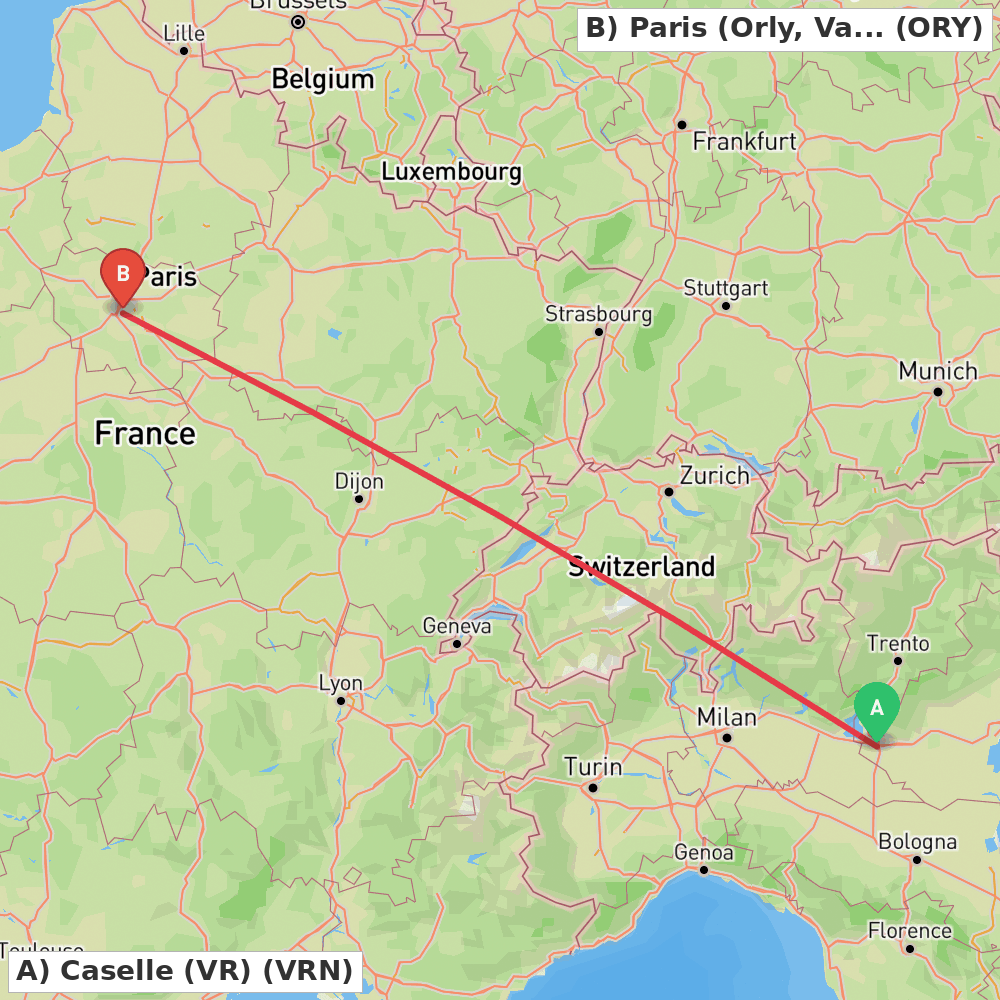 Flight route map from Caselle (VR) to Paris (Orly, Val-de-Marne)