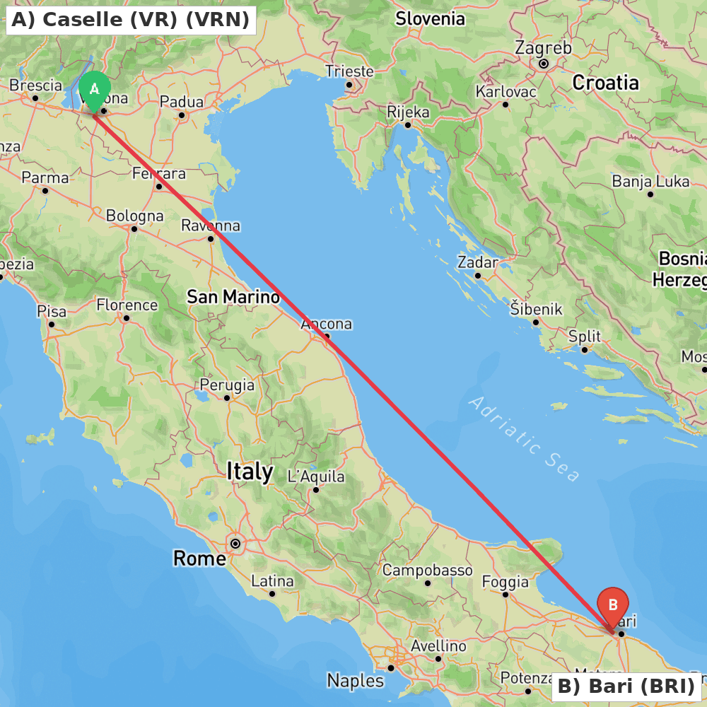 Flight route map from Caselle (VR) to Bari