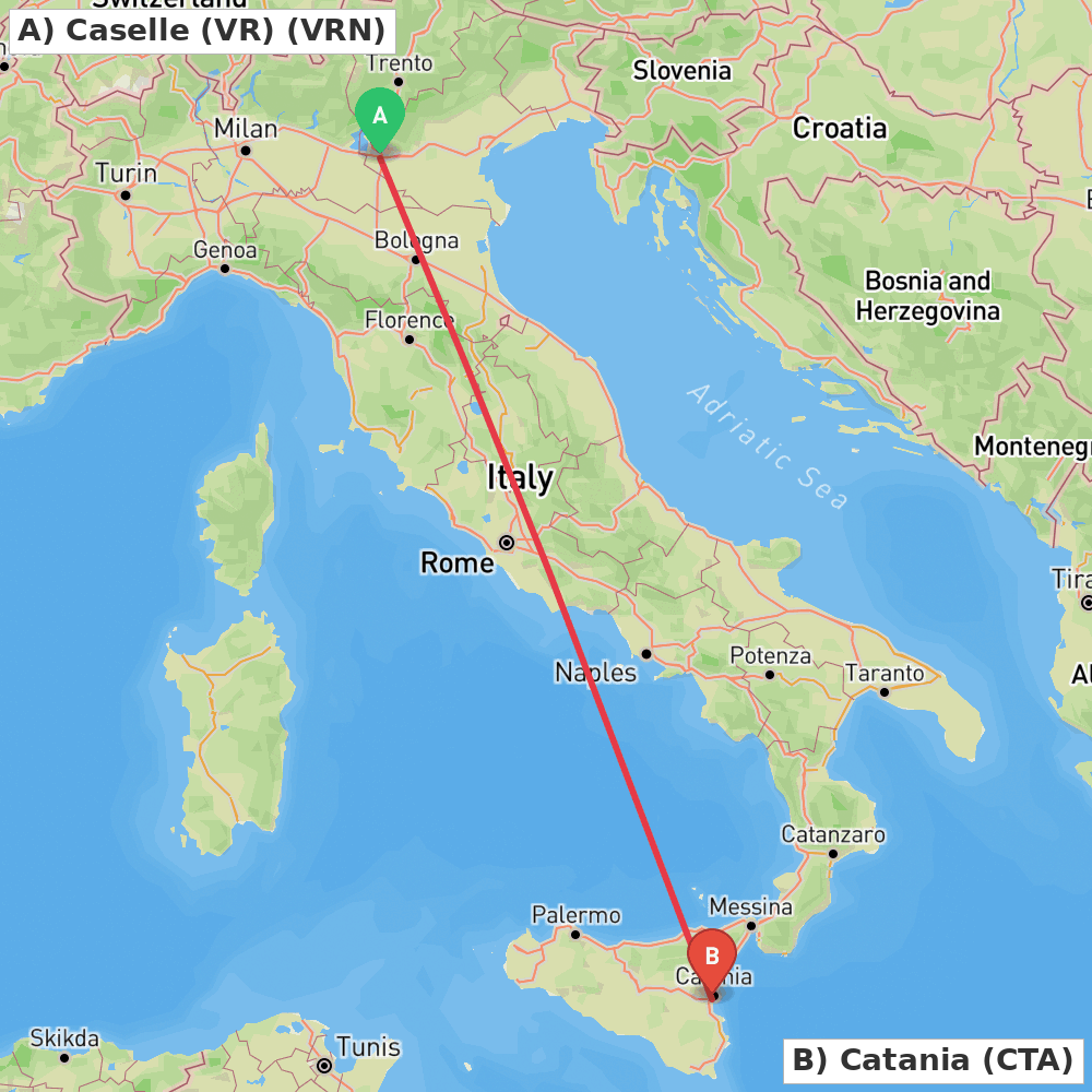 Flight route map from Caselle (VR) to Catania