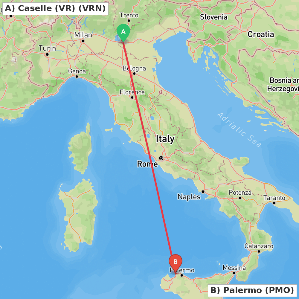 Flight route map from Caselle (VR) to Palermo