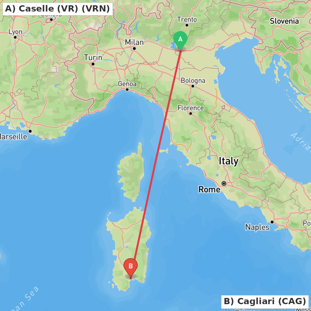 Flight route map from Caselle (VR) to Cagliari
