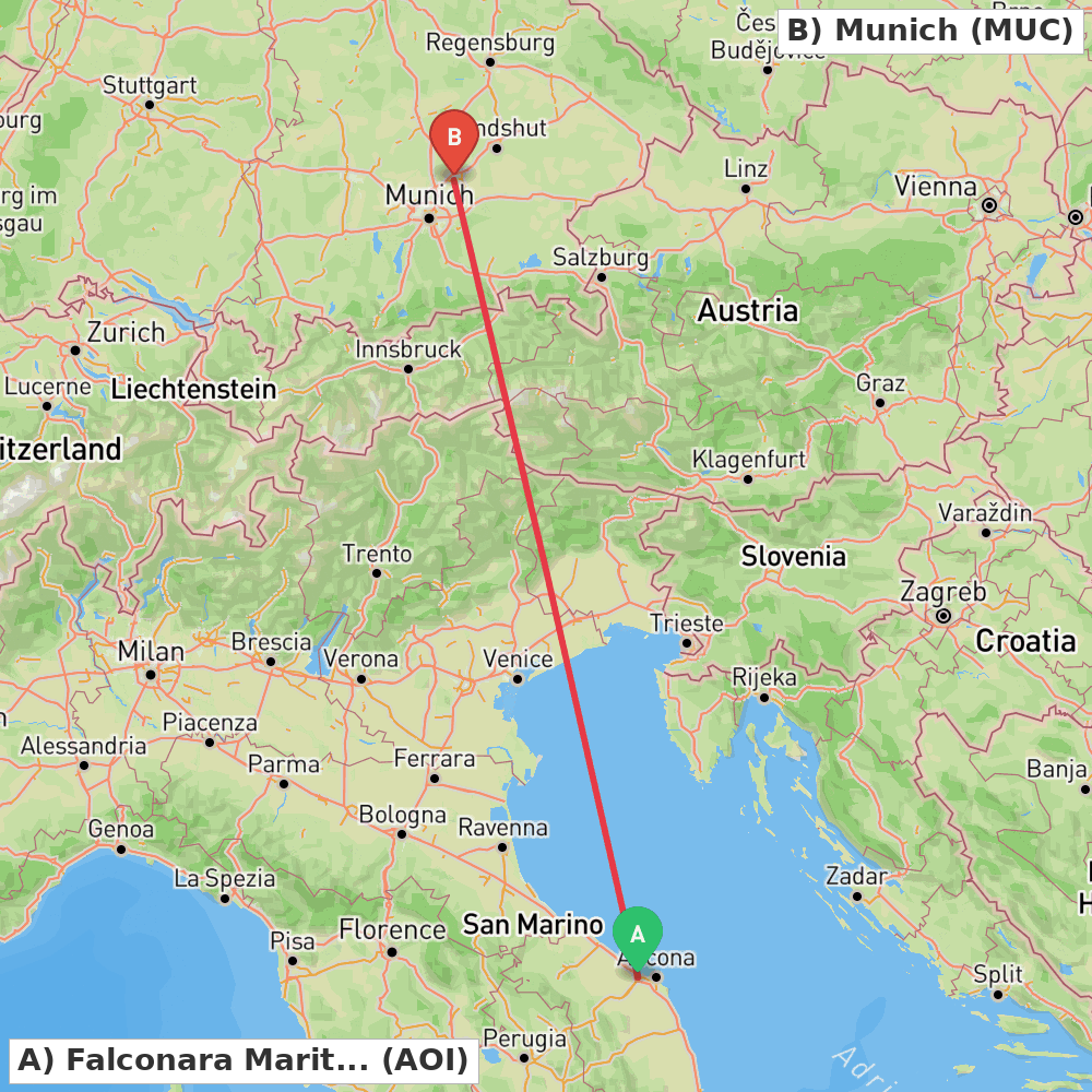 Flight route map from Falconara Marittima (AN) to Munich