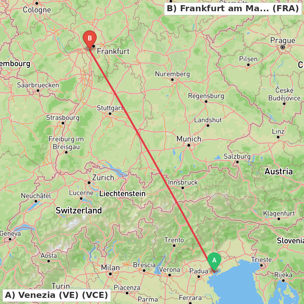 Flight route map from Venezia (VE) to Frankfurt am Main