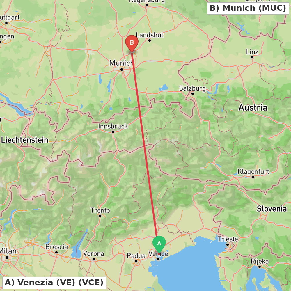 Flight route map from Venezia (VE) to Munich