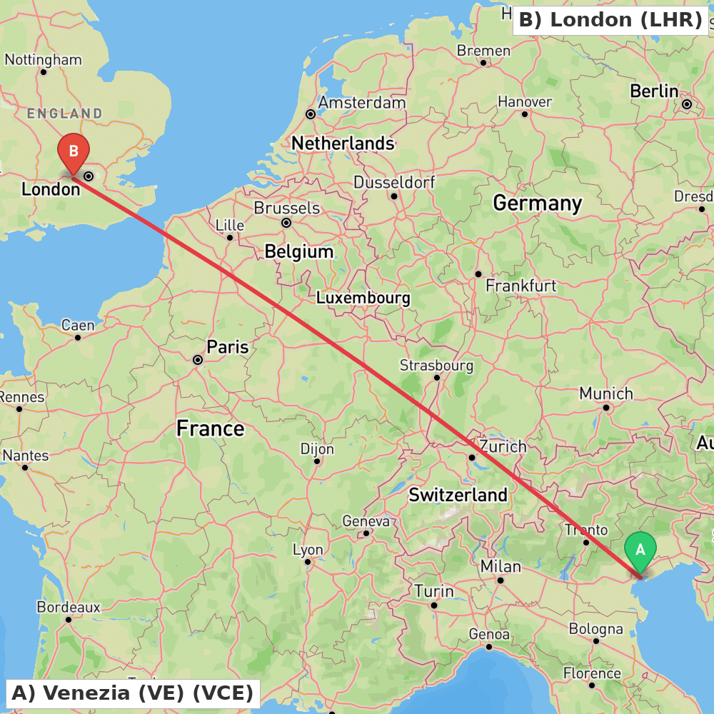 Flight route map from Venezia (VE) to London