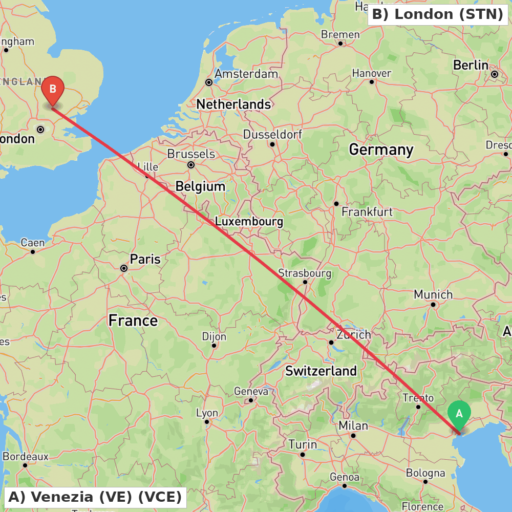 Flight route map from Venezia (VE) to London