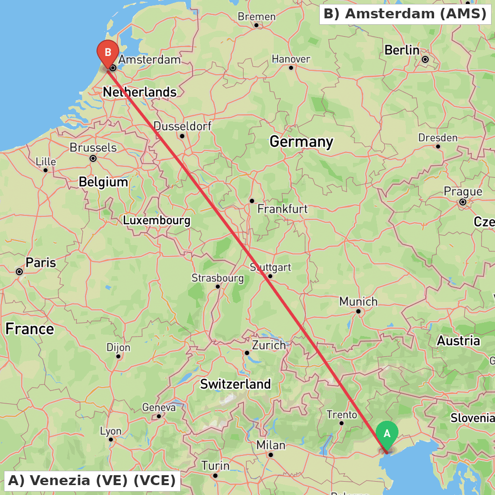 Flight route map from Venezia (VE) to Amsterdam