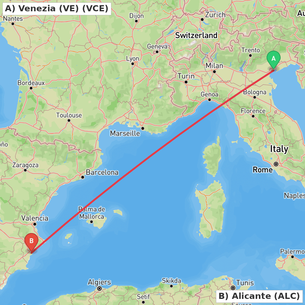 Flight route map from Venezia (VE) to Alicante
