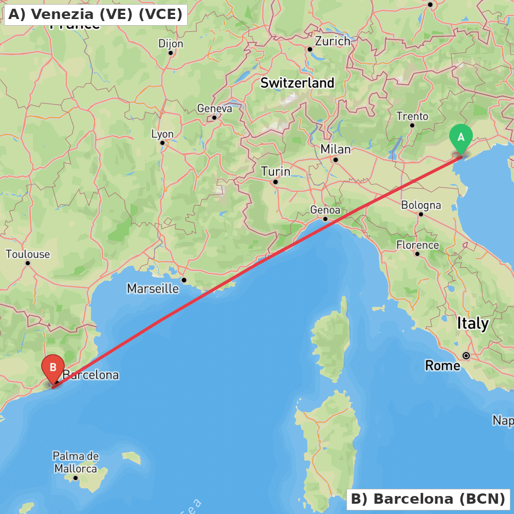 Flight route map from Venezia (VE) to Barcelona