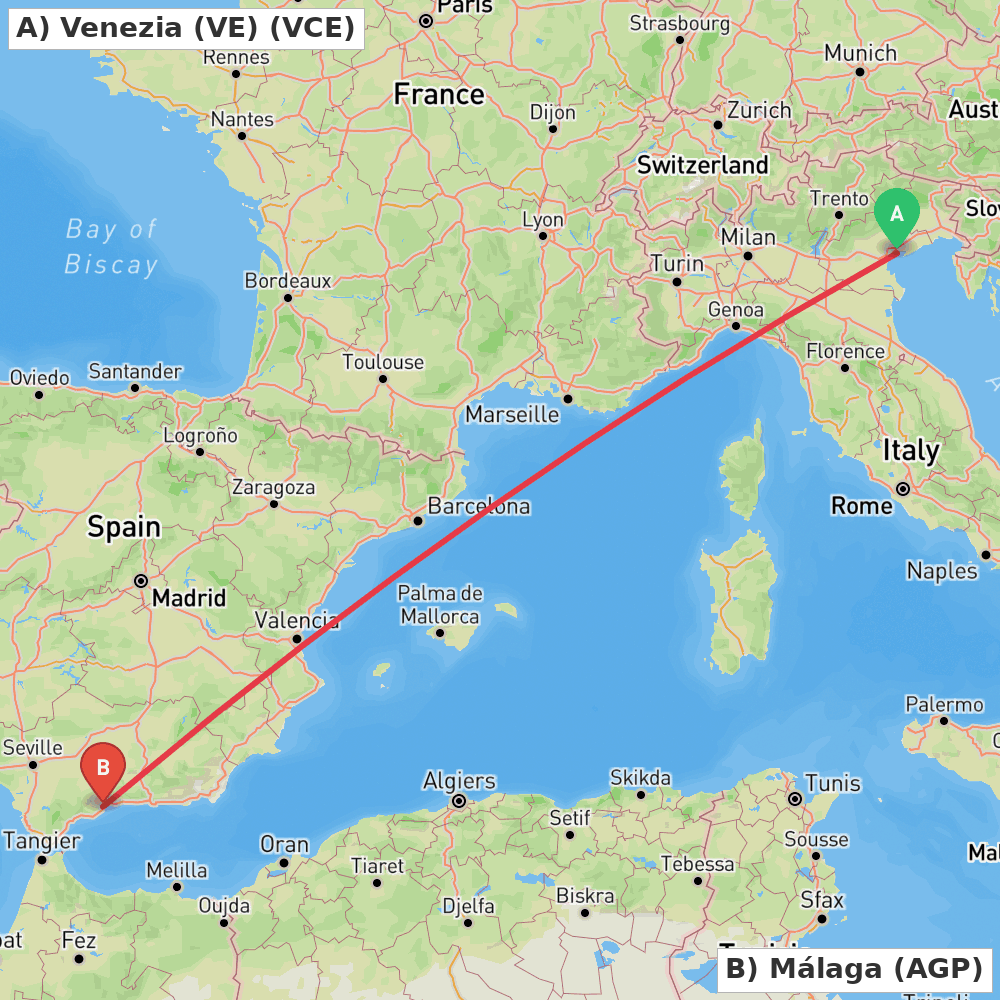 Flight route map from Venezia (VE) to Málaga