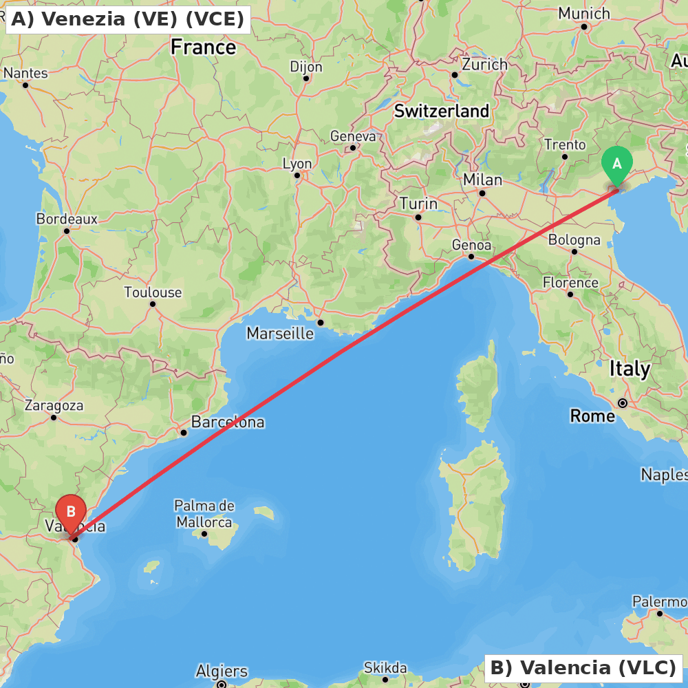 Flight route map from Venezia (VE) to Valencia