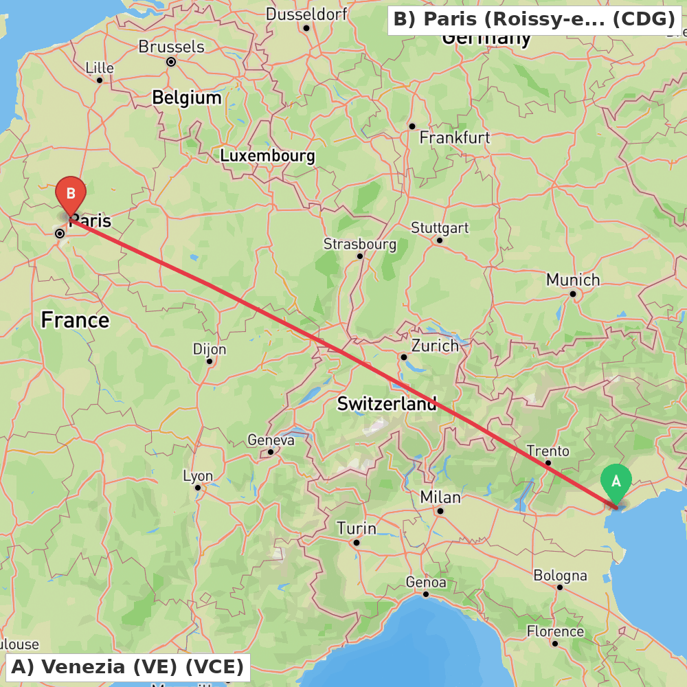 Flight route map from Venezia (VE) to Paris (Roissy-en-France, Val-d'Oise)