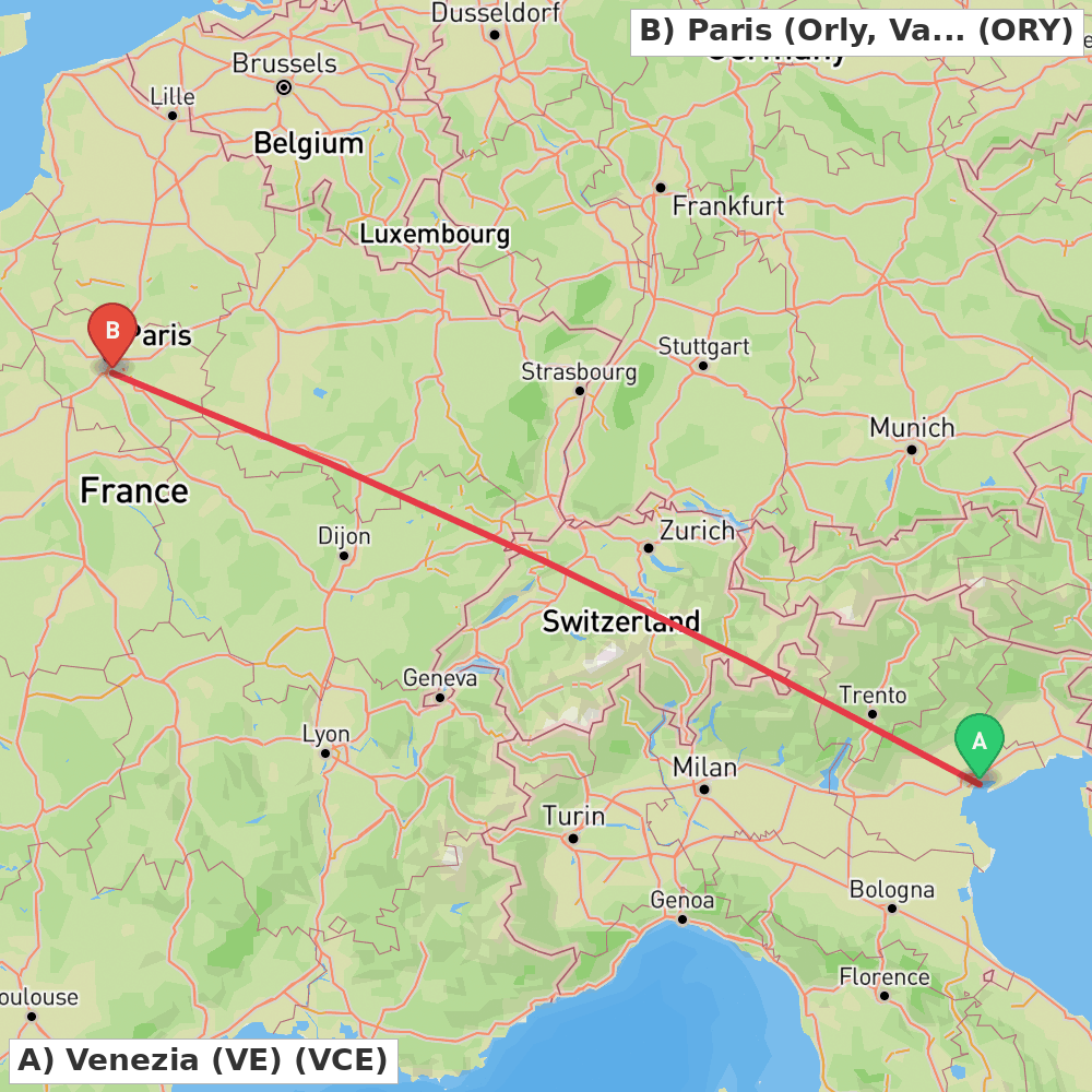 Flight route map from Venezia (VE) to Paris (Orly, Val-de-Marne)