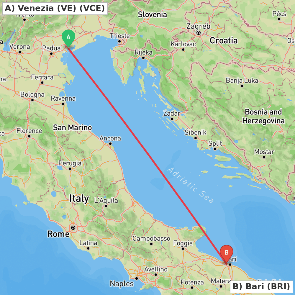 Flight route map from Venezia (VE) to Bari
