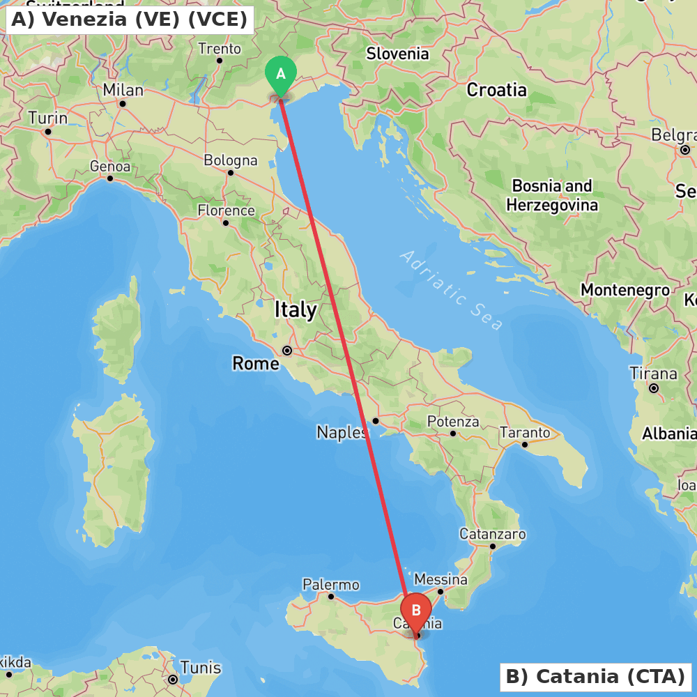 Flight route map from Venezia (VE) to Catania