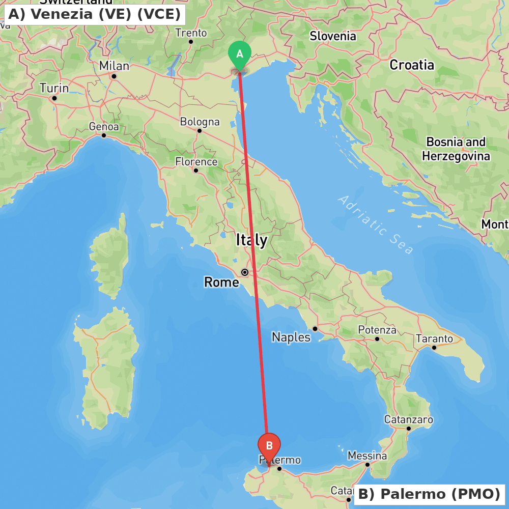 Flight route map from Venezia (VE) to Palermo