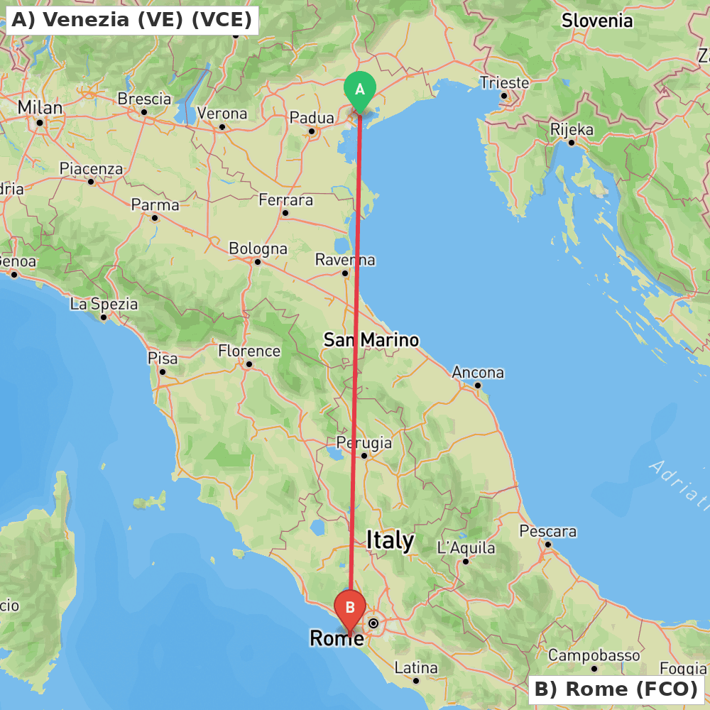 Flight route map from Venezia (VE) to Rome