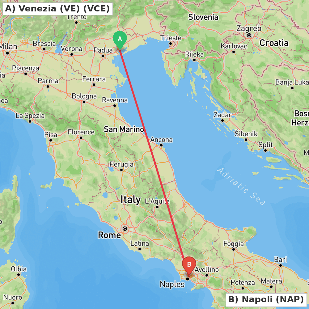Flight route map from Venezia (VE) to Napoli