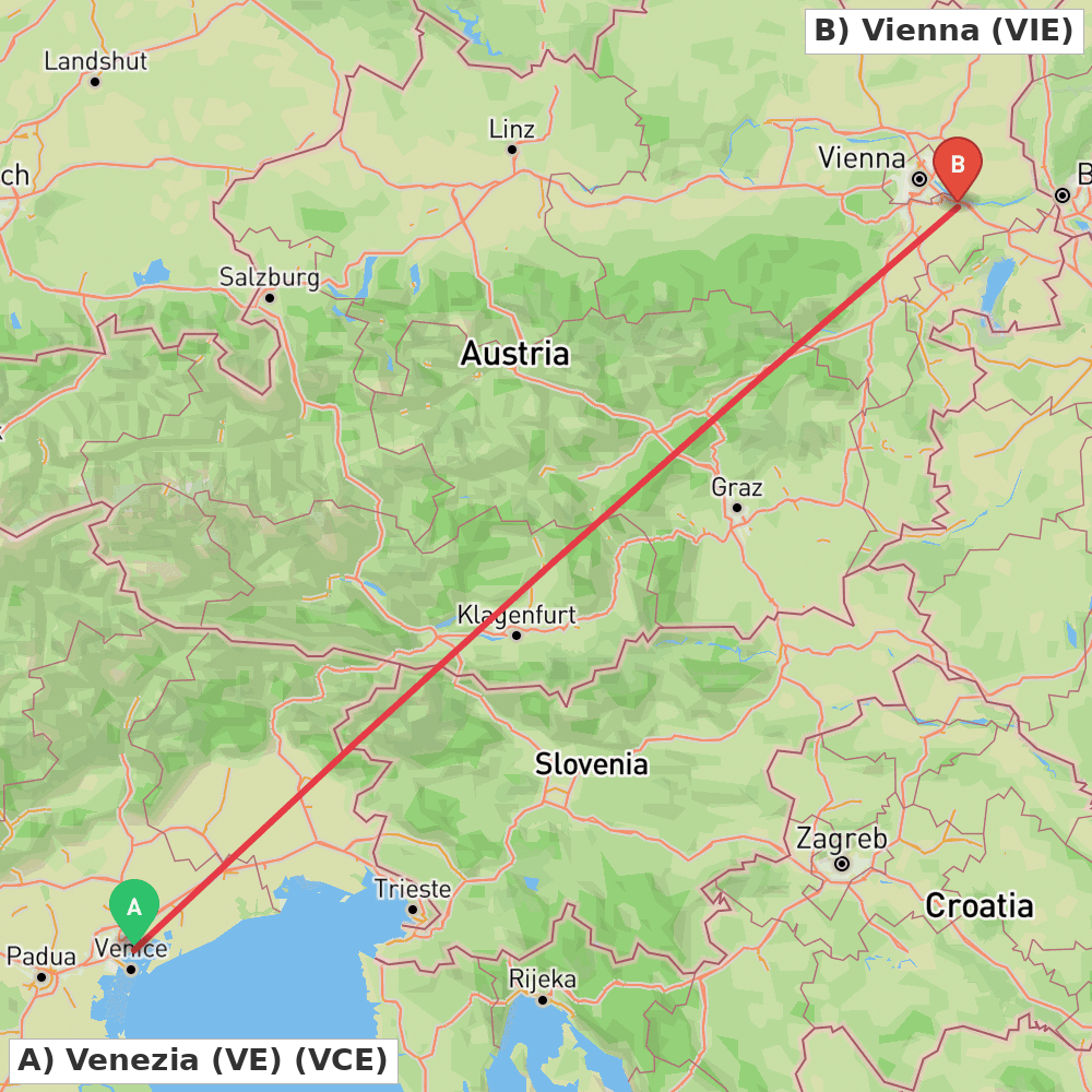 Flight route map from Venezia (VE) to Vienna