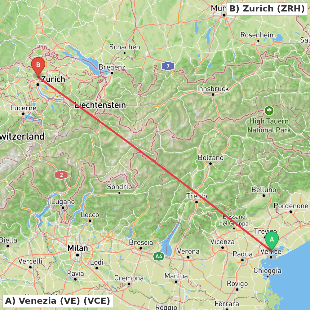 Flight route map from Venezia (VE) to Zurich