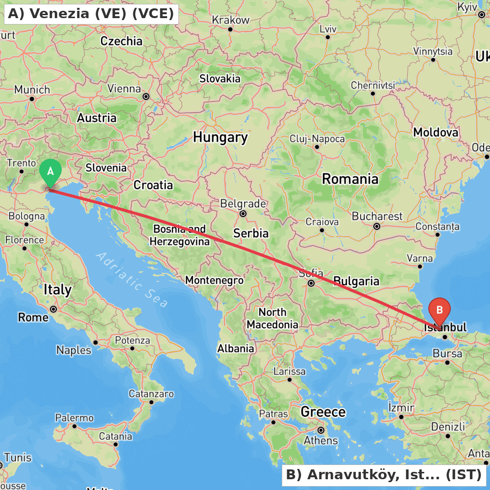 Flight route map from Venezia (VE) to Arnavutköy, Istanbul