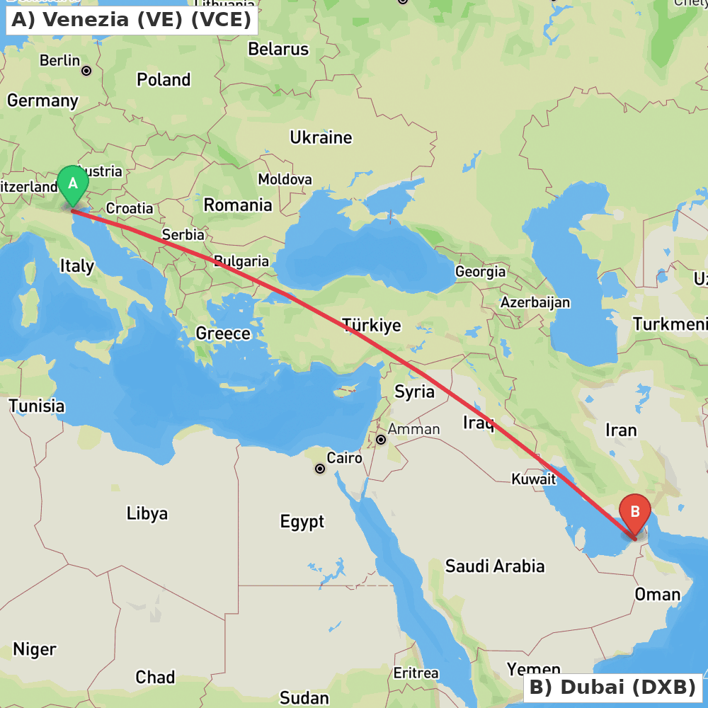 Flight route map from Venezia (VE) to Dubai