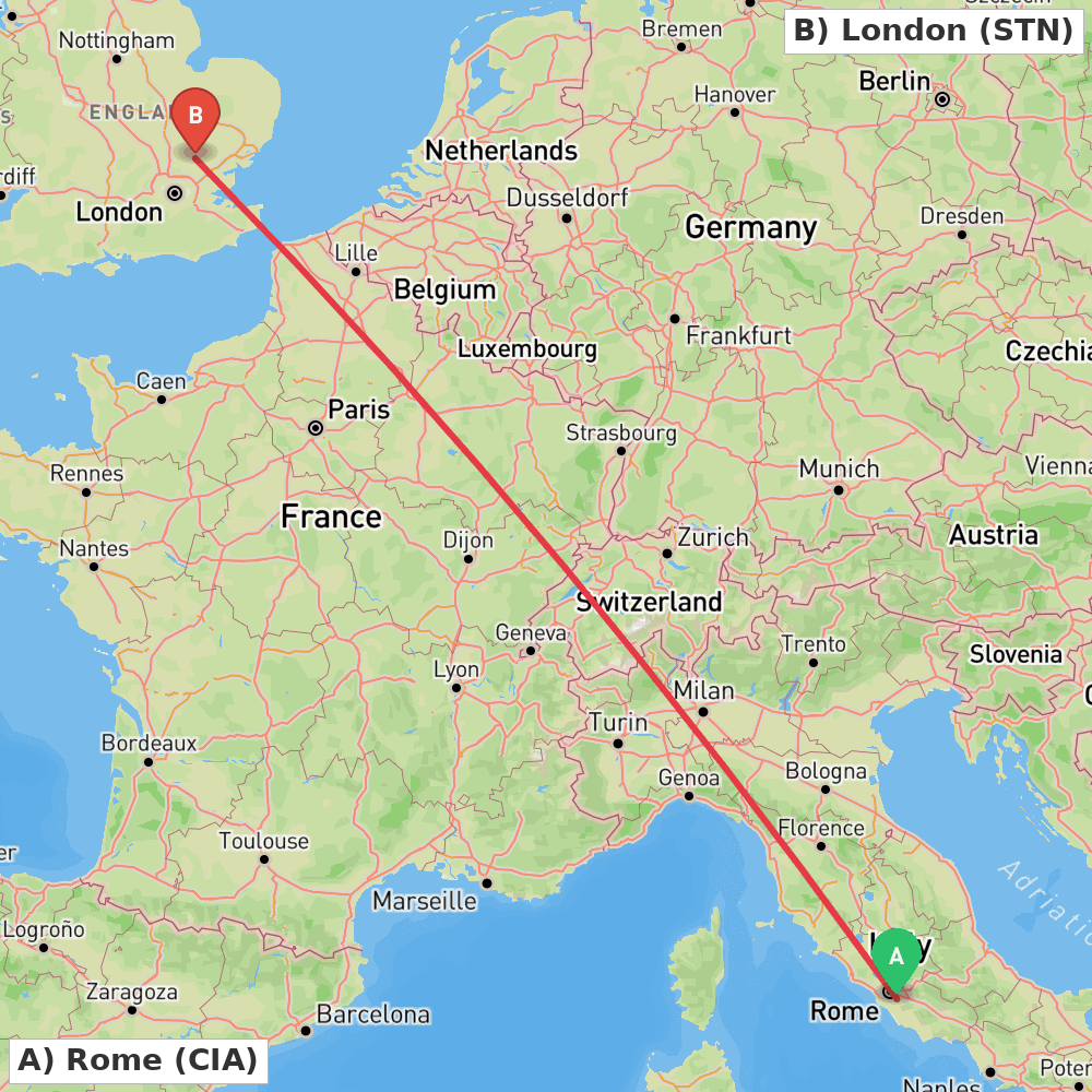Flight route map from Rome to London