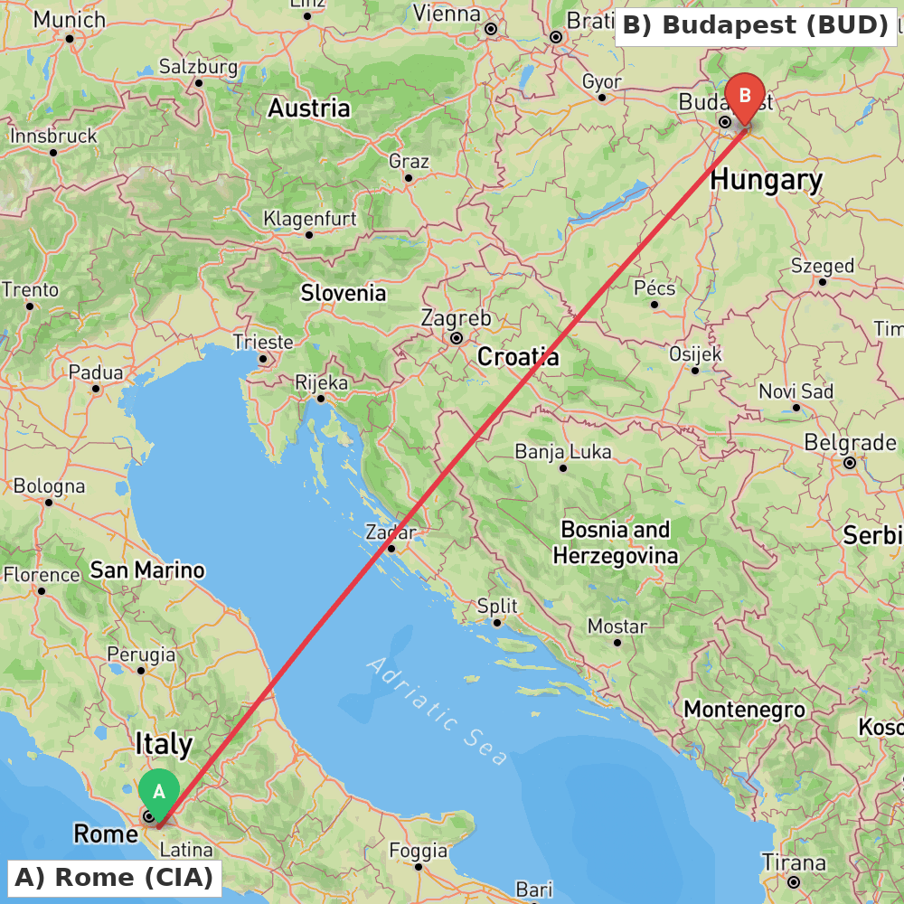 Flight route map from Rome to Budapest
