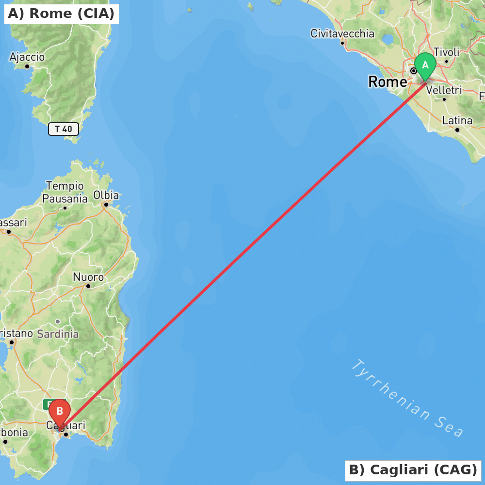 Flight route map from Rome to Cagliari