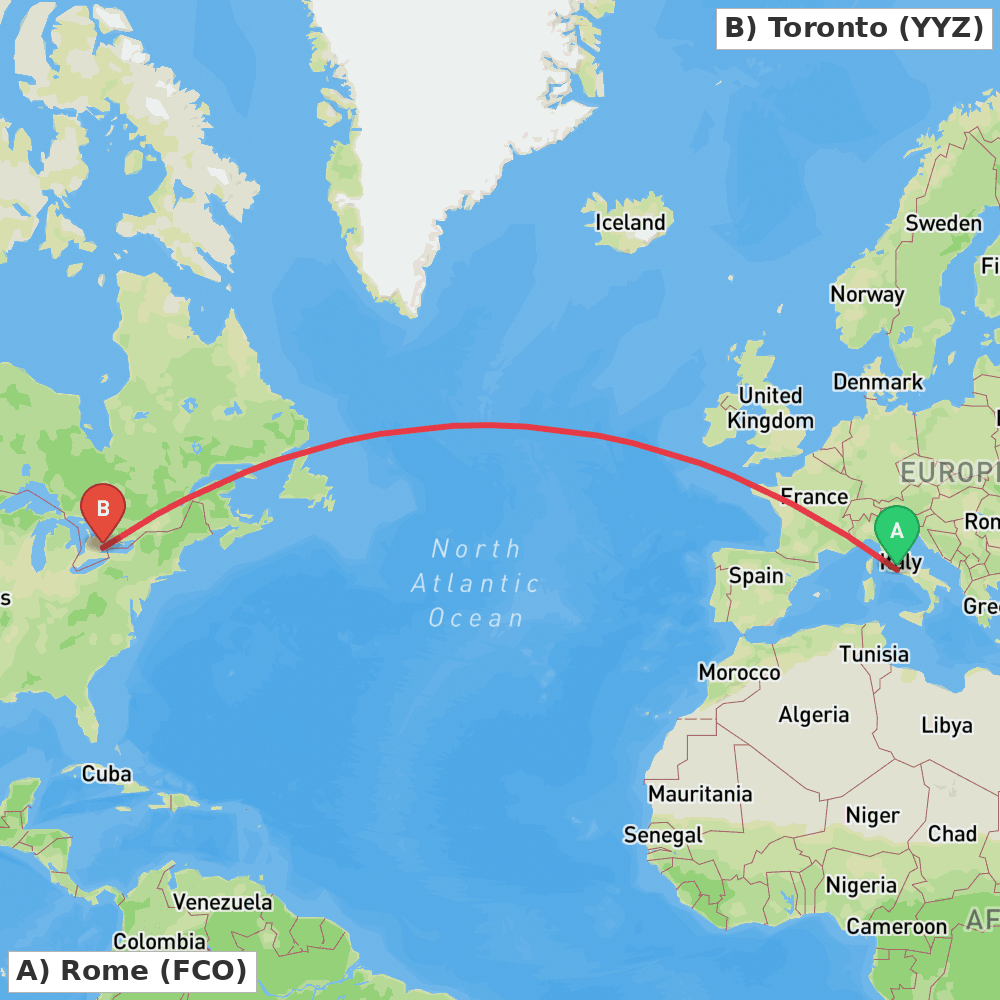 Flight route map from Rome to Toronto
