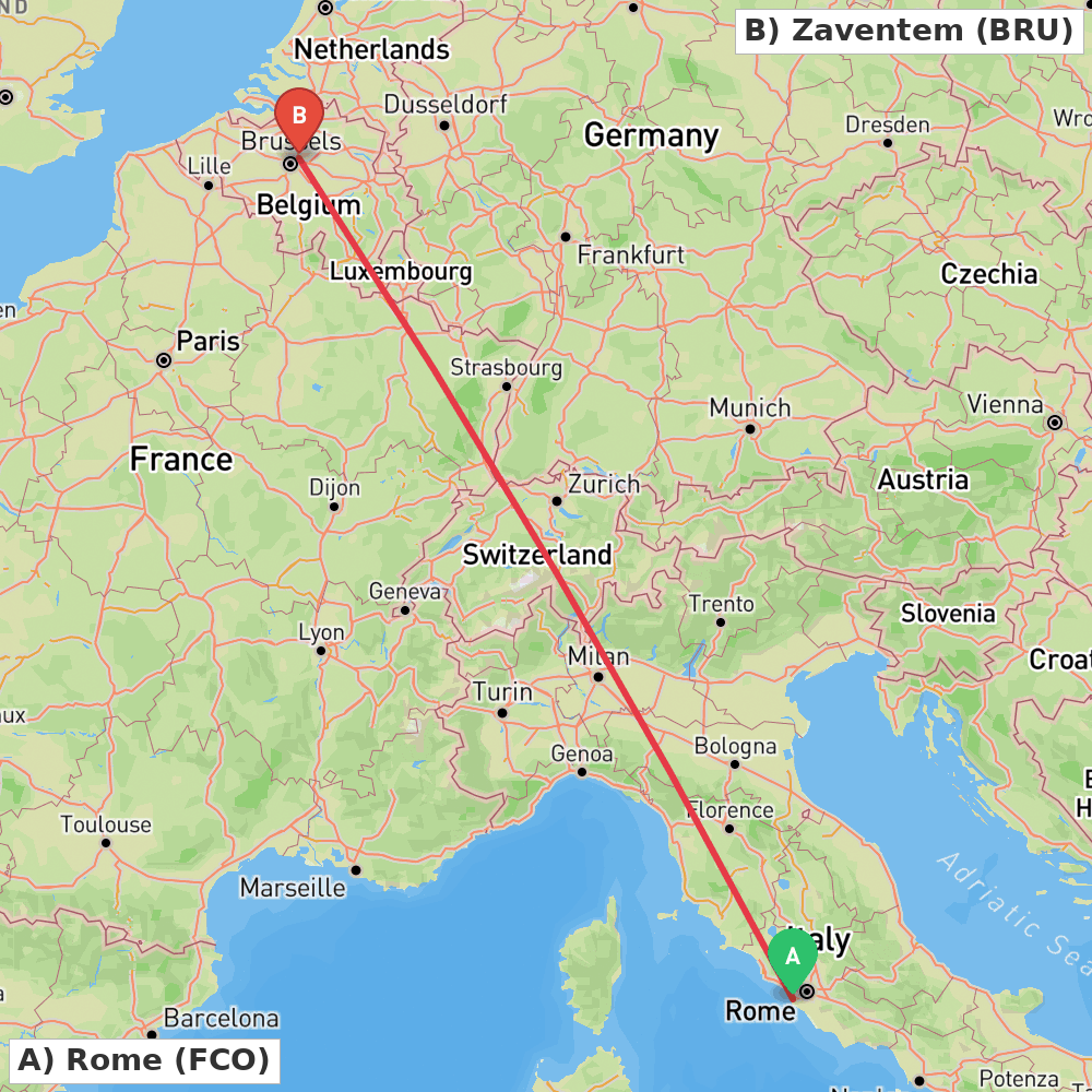 Flight route map from Rome to Zaventem