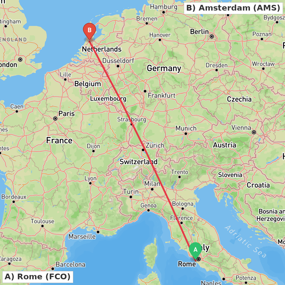 Flight route map from Rome to Amsterdam