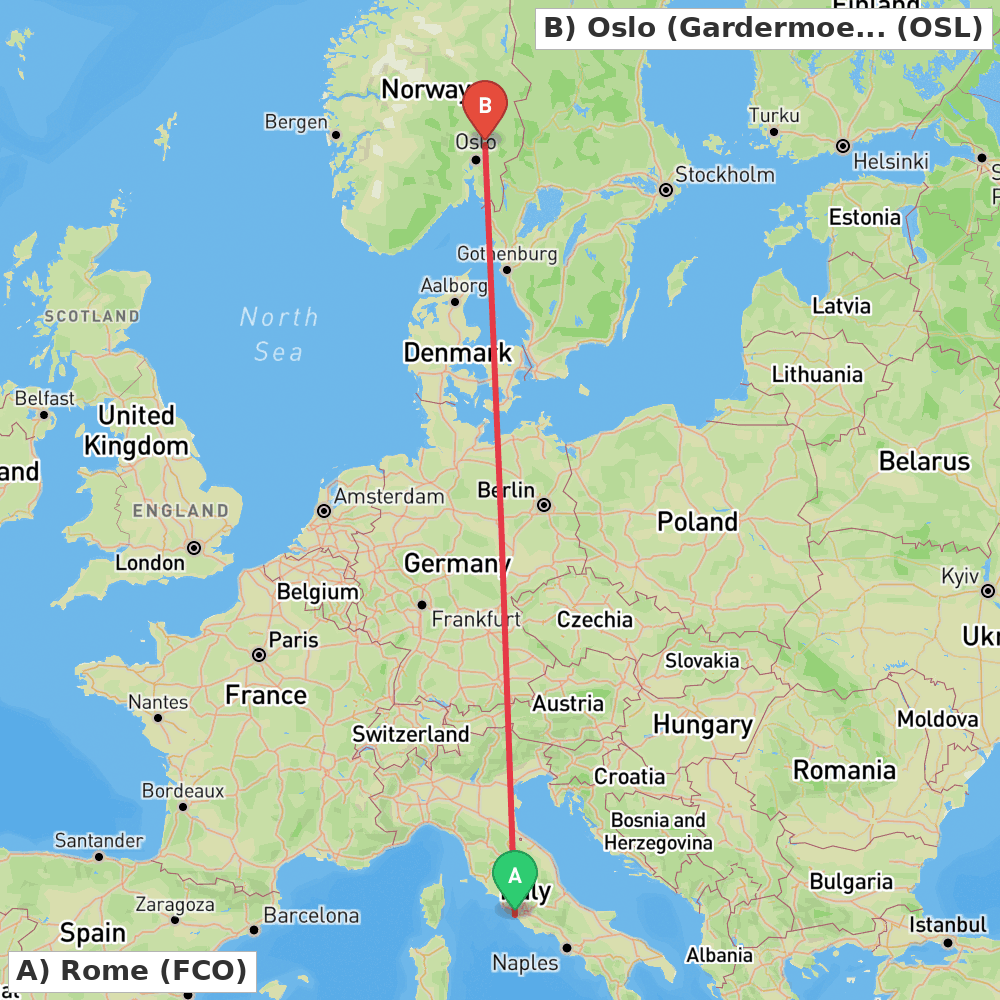 Flight route map from Rome to Oslo (Gardermoen)