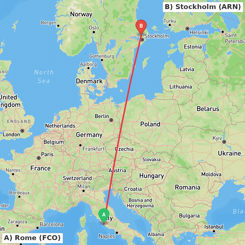 Flight route map from Rome to Stockholm