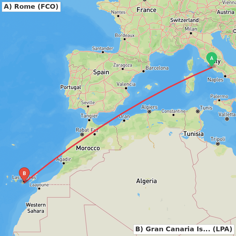 Flight route map from Rome to Gran Canaria Island