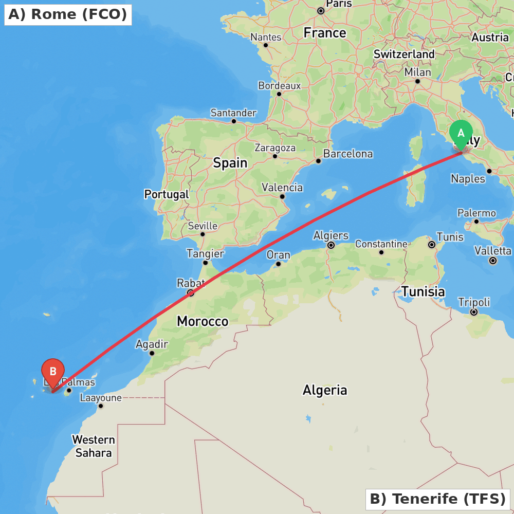 Flight route map from Rome to Tenerife