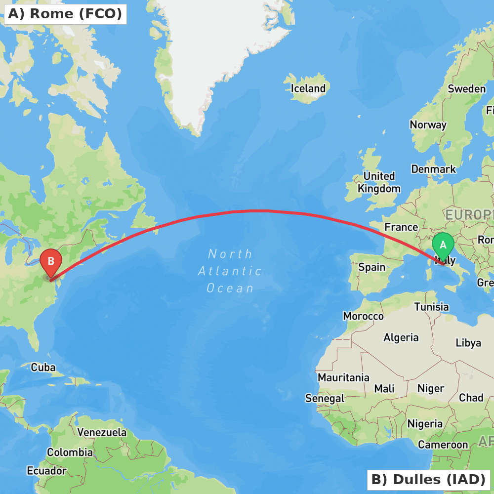 Flight route map from Rome to Dulles