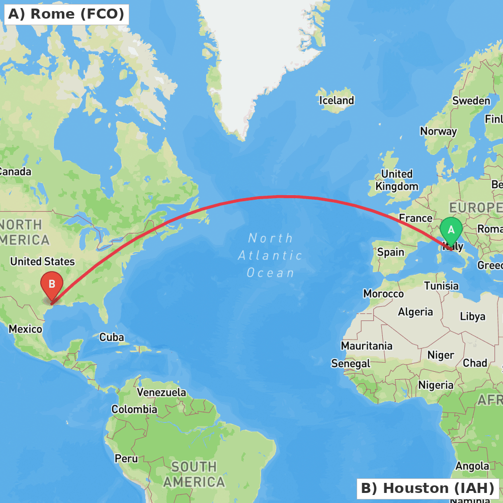 Flight route map from Rome to Houston