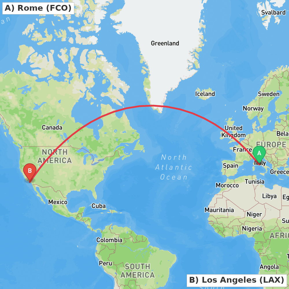 Flight route map from Rome to Los Angeles