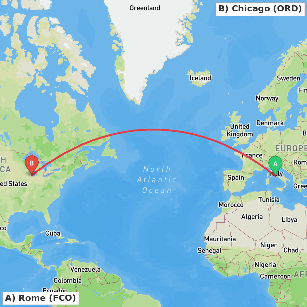 Flight route map from Rome to Chicago