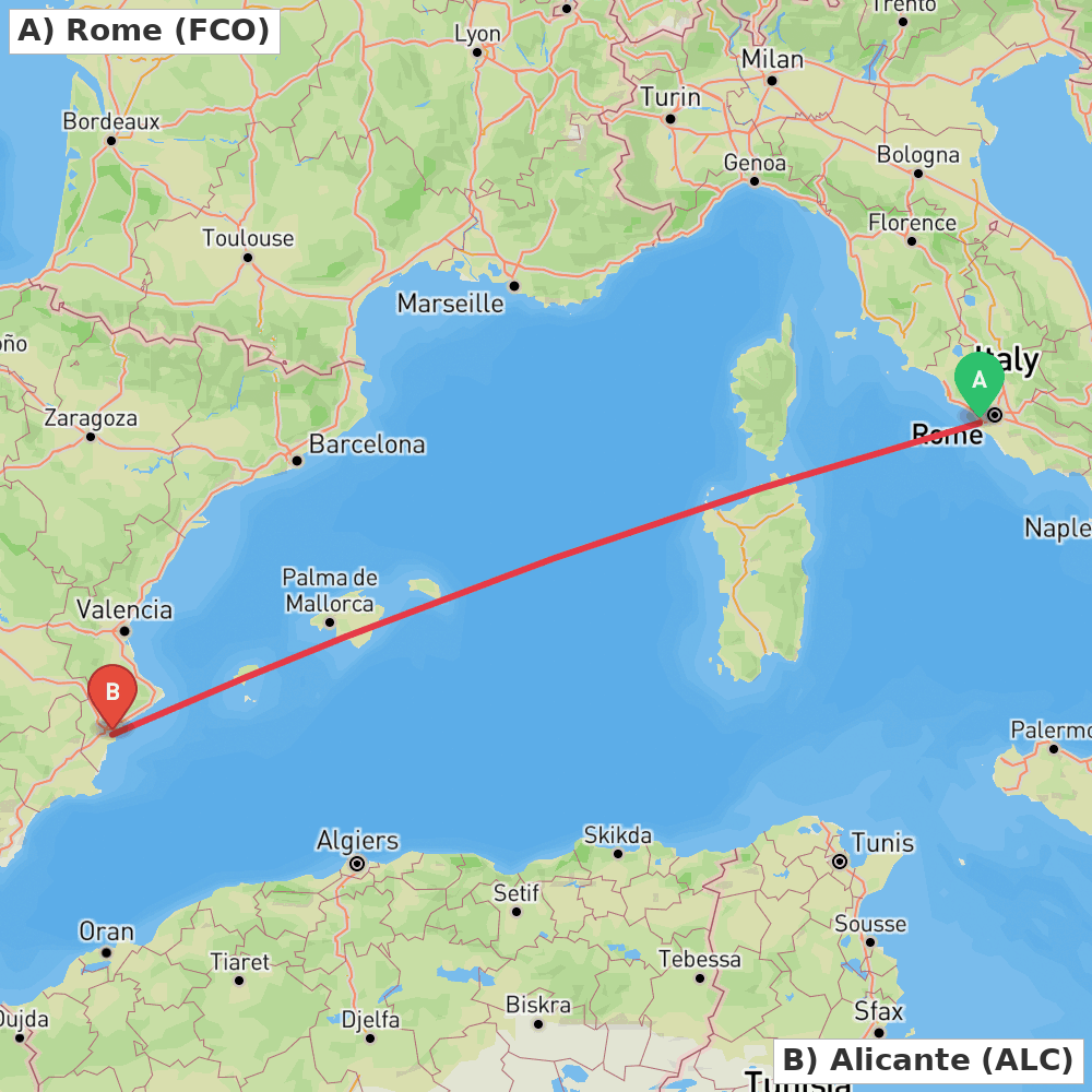 Flight route map from Rome to Alicante