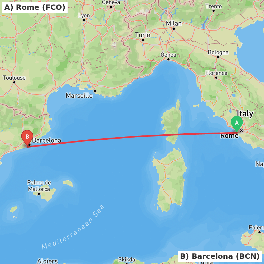 Flight route map from Rome to Barcelona