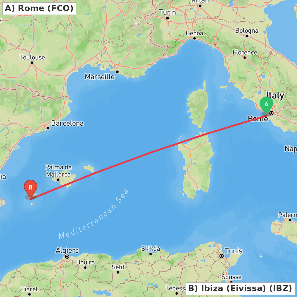 Flight route map from Rome to Ibiza (Eivissa)