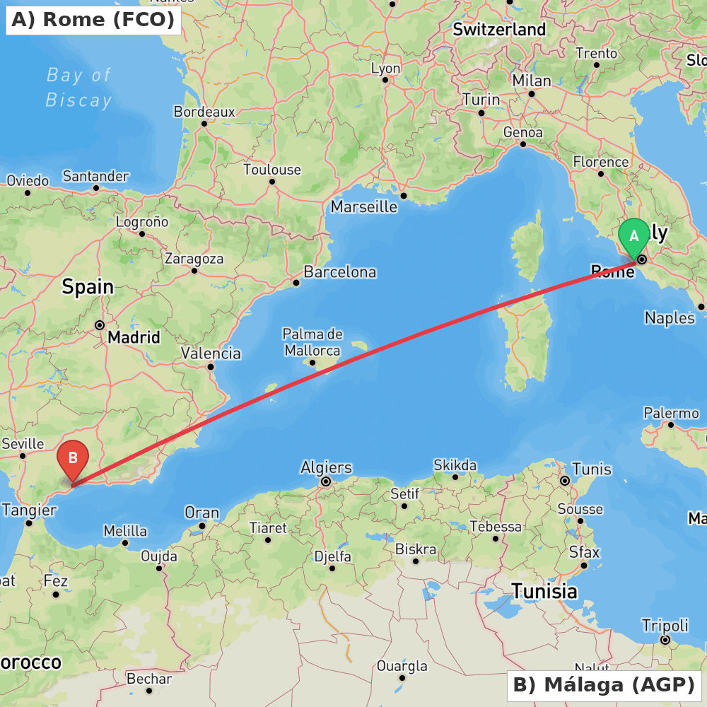 Flight route map from Rome to Málaga
