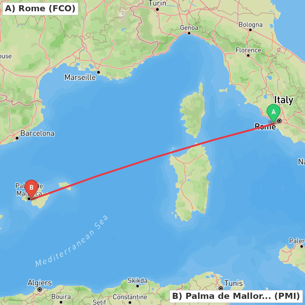 Flight route map from Rome to Palma de Mallorca